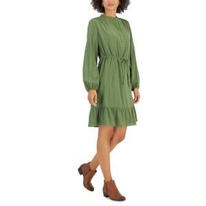 NWT STYLE&CO Dress XL Green Stripe A-Line Tiered Bow-Drawstring Balloon-Long-Slv